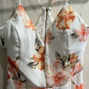 Tropical flower print white maxi high low dress